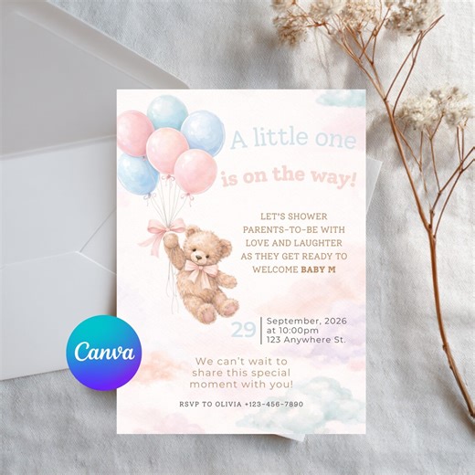 Editable Baby Shower Invitation, Teddy Bear Balloon Baby Shower Invite, Neutral Pink Blue Baby Shower , Canva Template, Digital Download - Etsy