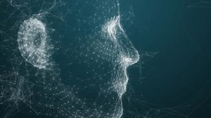 Artificial intelligence humanoid head. ChatGPT AI digital brain. Chat GPT big data analysis information and neural network. Digital face of cyber mind. Technology abstract 3D background