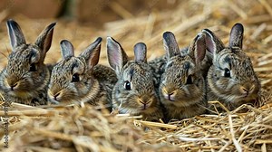 Adorable baby rabbits cuddling together in a cozy straw bed at an animal sanctuary during springtime