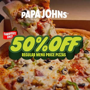 Half-priced pizza night is in your future 🔮 Carry out 50% off regular menu price pizza while this deal lasts. | Papa Johns Pizza