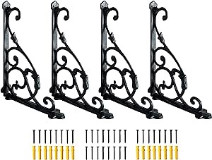 4 Pack Decorative Shelf Brackets,11*7.5 Inch Cast Iron Shelf Supply,Antique Black Corbel,Screws Anchor Included