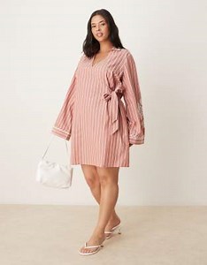 ASOS DESIGN Curve embroidered wrap shirt mini dress with wide cuff in stripe | ASOS