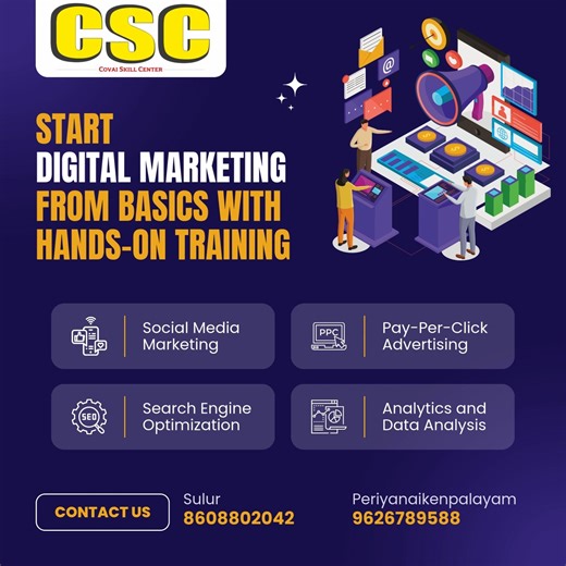 CSC Academy on Instagram: "🚀 Build Your Career with Digital Marketing Skills! At CSC – Covai Skill Academy, learn Digital Marketing from basics to advanced with practical, hands-on training designed for today’s job market. 📘 What You’ll Learn: ✅ SEO & Website Promotion ✅ Google Ads & Social Media Advertising ✅ Instagram & Facebook Marketing ✅ Content Creation & Online Branding ✅ Live Projects & Real-Time Practice 🎓 Ideal for students, job seekers, entrepreneurs & freelancers 📜 Certification
