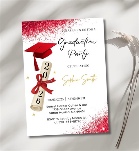 Graduation Party Invitation, Class of 2026 Invite, Red Graduation Announcement, Self-editable Digital Download, Printable Grad Card Template - Etsy