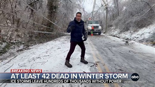 At least 42 people have died nationwide from the major winter storm. It comes as below zero wind chills grip the Northeast and below freezing temperatures reach down to Florida. Victor Oquendo reports from Tennessee, where thousands are without power. https://abcnews.link/hfnpPQ7 | ABC World News Tonight with David Muir