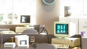 90s office render with vintage CRT monitors displaying code. Retro vibes of the era 80s, 90s Full Office scene.