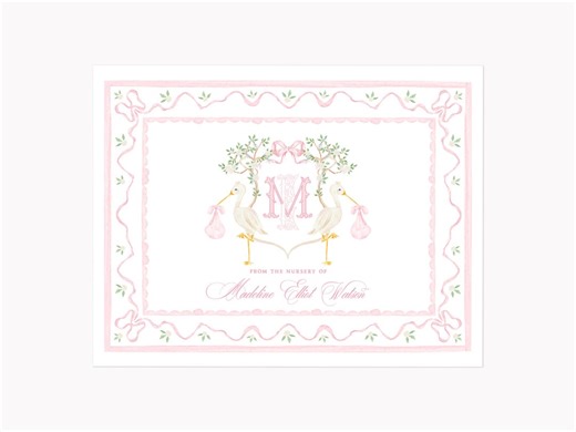 Stork Crest Pink Note Cards | Custom A2 Folded Girl Baby Shower Stationery With Envelopes - Etsy