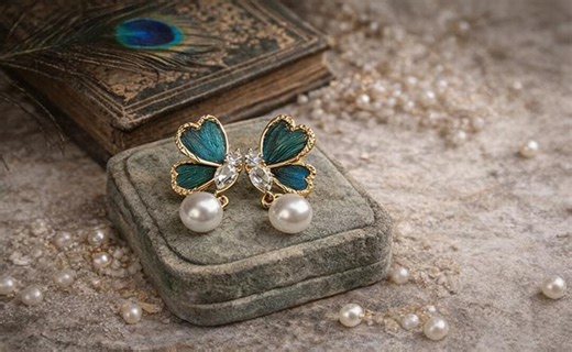 Handcrafted Butterfly Earrings, Peacock Feather, Pearl & Crystal, Blue Green Iridescent Jewelry - Etsy