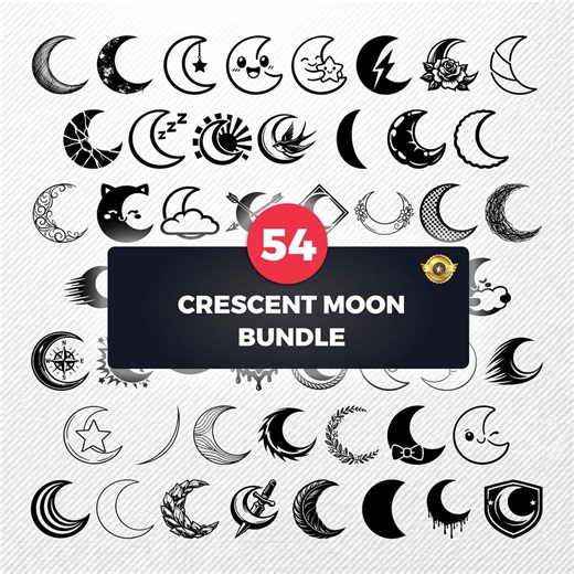 Crescent Moon SVG Clipart Bundle, 54 Vector Silhouette Illustrations, PNG Eps Dxf PDF, Print on Demand Graphics for Commercial Use - Etsy