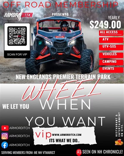 Grab your membership and start wheeling today! Meet other enthusiasts during your visit, with customers from ME, NH , MA , CT and RI we offer year round 24/7 off roading! Bring your ATV , SXS or full size vehicle along with a guest and there machine or vehicle of choice. Call in to recieve a special bonus offer during your membership purchase. www.armorditch.com let's wheel! #armorditch | Armor Ditch