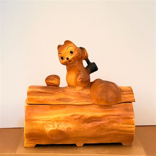Vintage Brush Mccoy Cookie Jar Squirrel on a Log Hitting Nut With Hammer From 1950s-1960s - Etsy