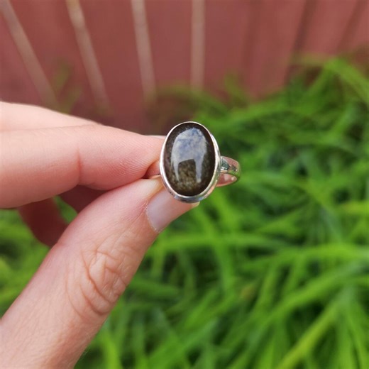 Golden Sheen Obsidian Crystal Ring Sterling Silver Size 8.25 - Obsidian Jewelry - Black Stone Ring - Grounding and Protection - Etsy