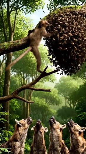 MASTER TACTIC! Monkey Uses a Beehive as a Weapon ✅ to Electrocute a Pack of Hyenas! 🤣