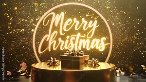 A vibrant golden display features the message Merry Christmas along with a beautifully wrapped gift and sparkling decorations celebrating the holidays.