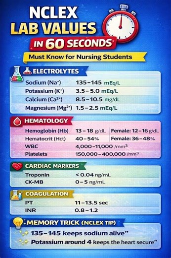NCLEX Lab Values in 1 Minute | Must-Know Lab Values for Nursing Students #nclexhighyield #nclex