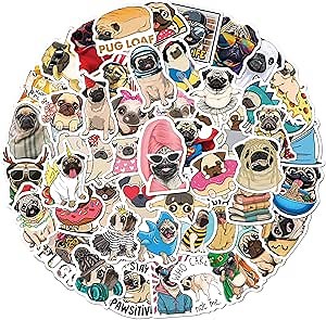 BEATRI Pug Stickers 50Pcs Pug Dog Waterproof Vinyl Decor & Party Favors for Laptop, Water Bottle, Skateboard & Travel Gear | Non-Repeating Decals, High-Definition Print | Great Gift for Pug Lover