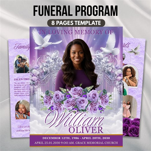 Purple Floral Funeral Program Template, 8-page Memorial (canva, PDF) - Etsy