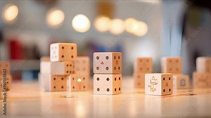 Closeup of a wooden block set with sensors and AI technology, allowing children to build and program their creations.