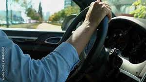 Woman driving car in reverse gear attentive driver looking for free parking spot Stock Video