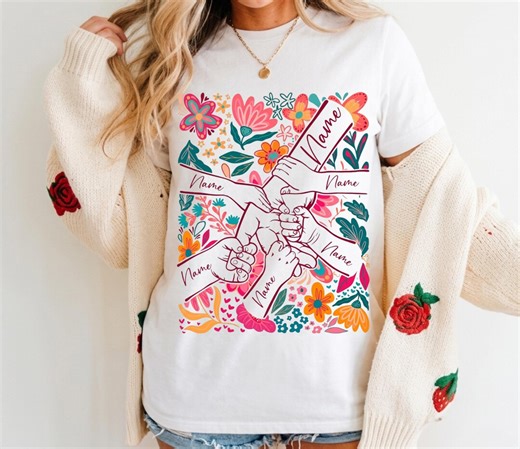 Personalized Unity Hands T-Shirts, Custom Name Family Friend Team Gift, Floral Love Bond T-Shirts, Group Shirt, Colorful Graphic Tee