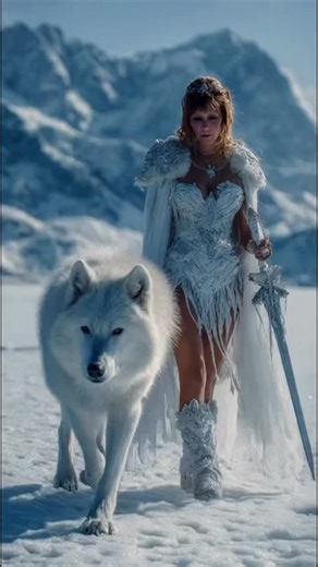 @dawn.lap added in: A ultra realistic video of a female ice elf with a stunning look holding a sword made of ice with a big snow wolf walking alongside her. She is waking towards the camera with the background showing a frozen world. | Dawn Marie