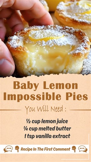 Baby Lemon Impossible Pies Mini lemon pies with a creamy, tangy filling and a soft, cake-like crust that forms “impossibly” as they bake. Perfect for a refreshing dessert or teatime treat. Ingredients: 1 can (14 oz) sweetened condensed milk 1/2 cup lemon juice (freshly squeezed for best flavor) 2 large eggs | Very Good Recipes