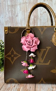 Leather ROSE Kechain and Purse/handbag Charm in Pink & White Combo Colors - Etsy