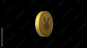 3D Animation of Spinning gold coin with The Japanese currency symbol "yen", seamless loop video, transparent background, alpha channel included.