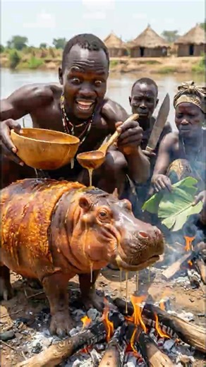 MASSIVE River Hippo ROASTED on OPEN FIRE 🔥 | Dinka Tribe Ritual Feast #shorts