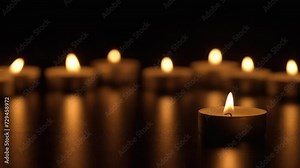 Burning candles. The candles burn against a black background and the flames move when the wind blows. The concept of a memorial day. Background for advertising and design projects.