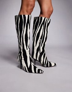River Island knee high boot in zebra pony hair in black | ASOS