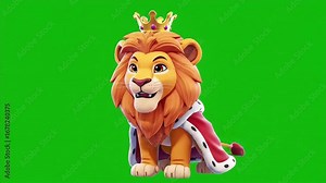 Cartoon lion wearing a crown and cape on green screen