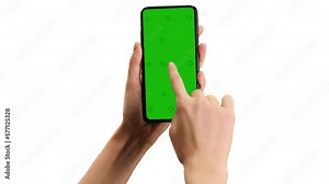 Template for cell phone with green screen and white background. The hand points and then swipes.