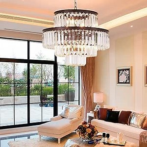 20" Black Crystal Chandelier, Modern 4-Tier Ceiling Light with Clear Crystal Prisms, Luxury Pendant Lighting for Dining Room Entryway
