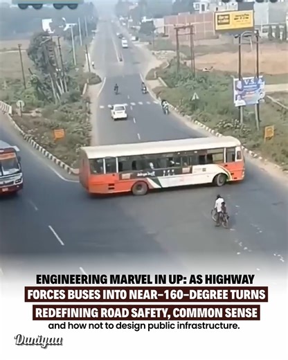 Gajab Ki Duniyaa on Instagram: "This highway design in Uttar Pradesh isn’t quirky or funny - it’s careless planning playing out in public. Forcing buses into near-160-degree turns turns daily travel into a safety gamble, not infrastructure. #gajabkiduniyaa #RoadDesign #InfrastructureFail #PublicSafety #Highway #IndiaRoads #CivicSense"