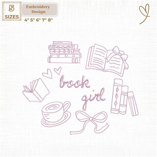 Girly Reading Embroidery File, Book Lover Diigital (digital Download) - Etsy