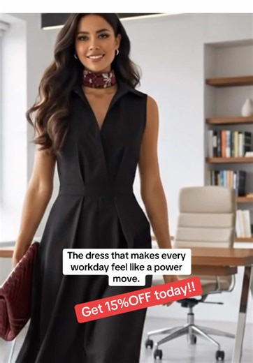 Effortlessly polished and timelessly elegant — this sleeveless black midi dress was made for the modern professional who owns every room she walks into. The structured collar and tailored fit exude quiet confidence, while the flowy skirt moves with grace from desk to dinner. Pair it with a statement scarf and heels for an instant boardroom-to-evening transformation. ✨ Step into your power — add this must-have piece to your fall wardrobe today! #WorkwearStyle #FallElegance #workdress#fyp#fallfash
