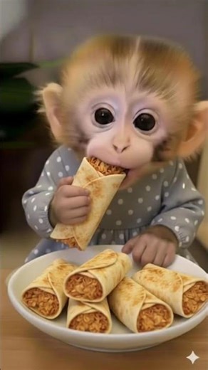 🥰cute baby monkey eating chicken roll 😋#foryou #monkeyeating #cutebaby
