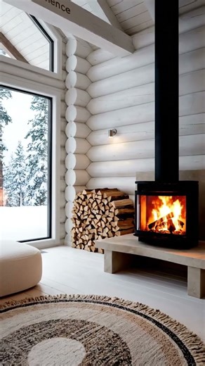 Cozy Winter Cabin Living Room with Fireplace and Snow Forest View