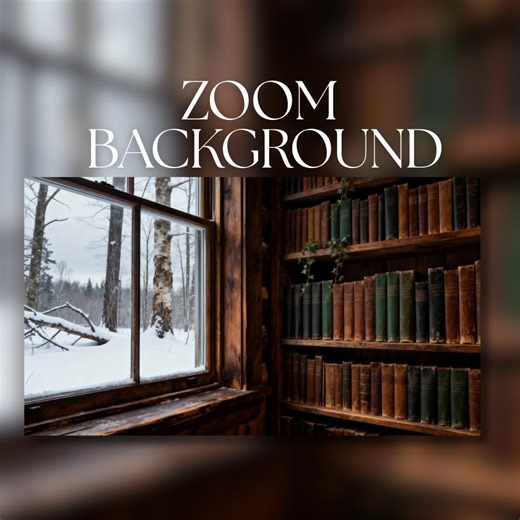 Zoom Background | Cozy Winter Library With Wooden Bookshelves & Snowy Forest Window | Zoom Video Call Backdrop | Digital Download | ZB10 - Etsy