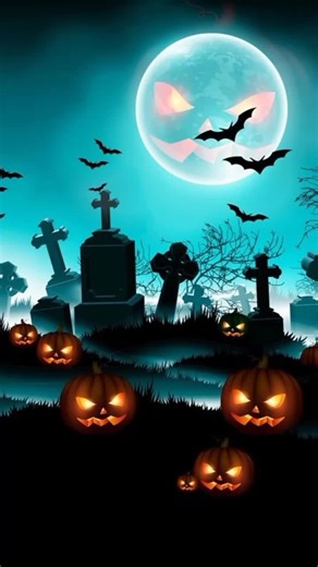 Spooky Halloween Landscape with Pumpkins and Bats