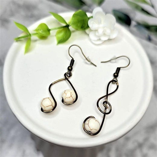 Music Note Earrings – Antique Copper Wire Wrapped, White Howlite Beads - Etsy