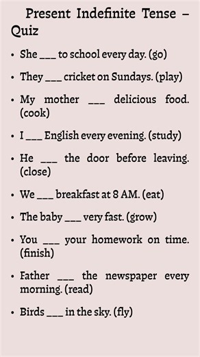 Present Indefinite Tense Fill in the Blanks | English Grammar Quiz #easyenglisheveryday