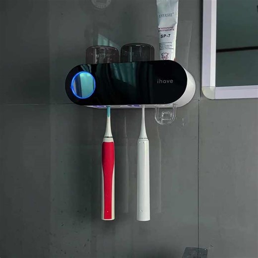 2 Cups Plastic Toothbrush Holder Automatic Toothpaste Dispenser Wall Mount UV Toothbrush Sanitizer Holder Bathroom Accessories