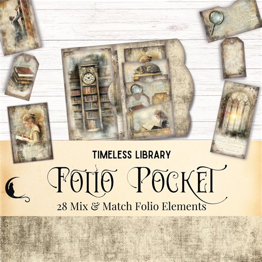 Timeless Library Junk Journal Folio Kit, Printable Pocket Ephemera, Vintage Antique Books Scrapbook Supplies - Etsy