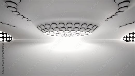 Light seamless background featuring a circular array of bulb lights in a room. Bright floodlights smoothly turning on and off, creating a clean, dynamic animation perfect for stage lighting, studio vi