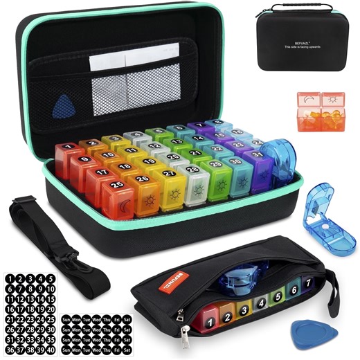 BEFUNZL Monthly Pill Organizer 2 Times a Day, Medicine Organizer Box with Portable Hard Shell and Pill Cutter, 31 Day Pill holder with Monthly and Weekly Sticker Weekly Pill Bag 2 Times a Day