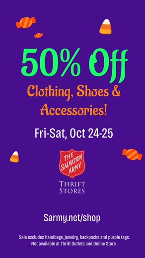 1.7K views | DIY your costume for less! 李 50% off clothing, shoes & accessories this Fri–Sat, Oct 24–25. Visit sarmy.net/shop for a store near you. Exclusions apply. | Salvation Army Thrift Store US West | Facebook