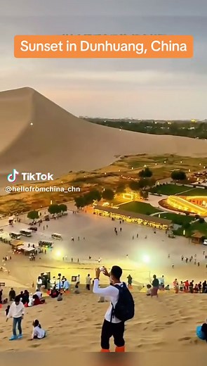 Gorgeous sunset scenery at Echoing-sand Mountain, Crescent Lake in Dunhuang, Gansu Province, #China #travel #nature #bucketlist