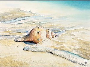 Watercolor Seashell on a sand Painting Demonstration
